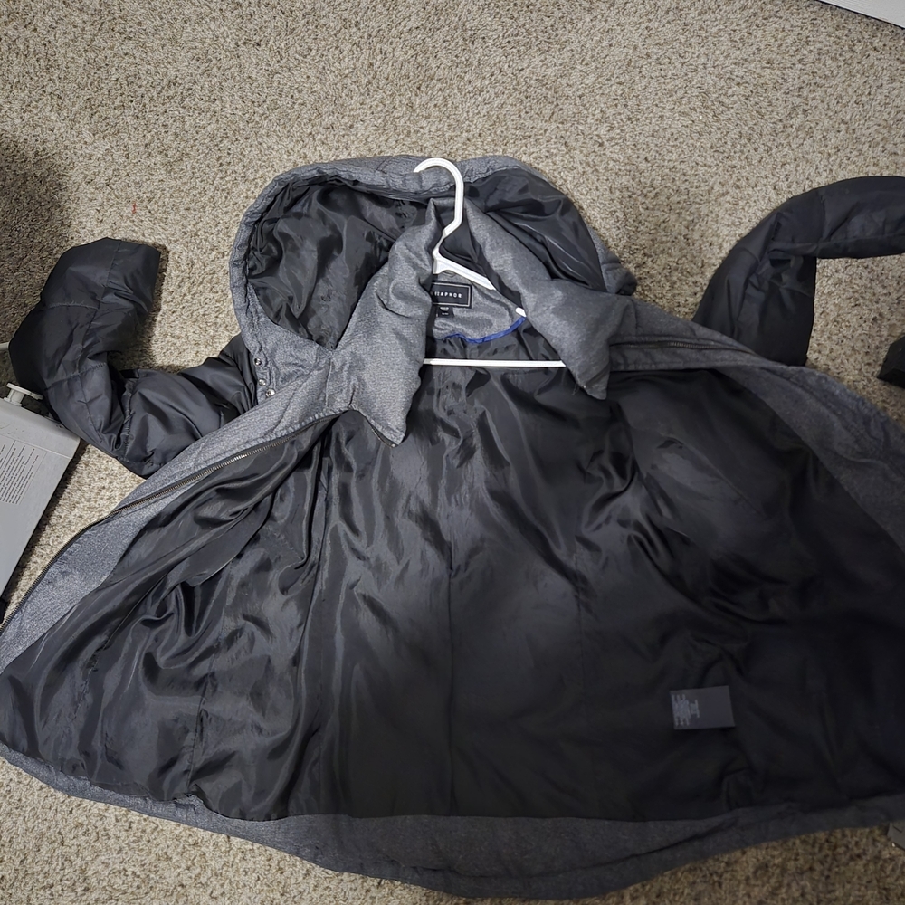Metaphor Womens XL Puffer Jacket Gray Herringbone Mixed Media Quilted Hooded Par - Picture 8 of 9